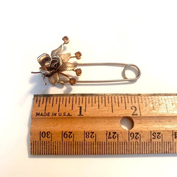 Vintage Flower and Amber Rhinestones Brooch Scarf Pin - Picture 5 of 6